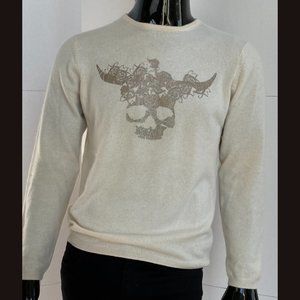 CA$HMERE Cream Cashmere Sweater With Taupe Skull With Floral Crown Size M Medium